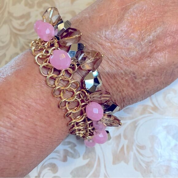 Aurora Borealis & Pink Glass Bracelet on Gold Tone Chain 8” Vintage Gorgeous - Picture 6 of 7